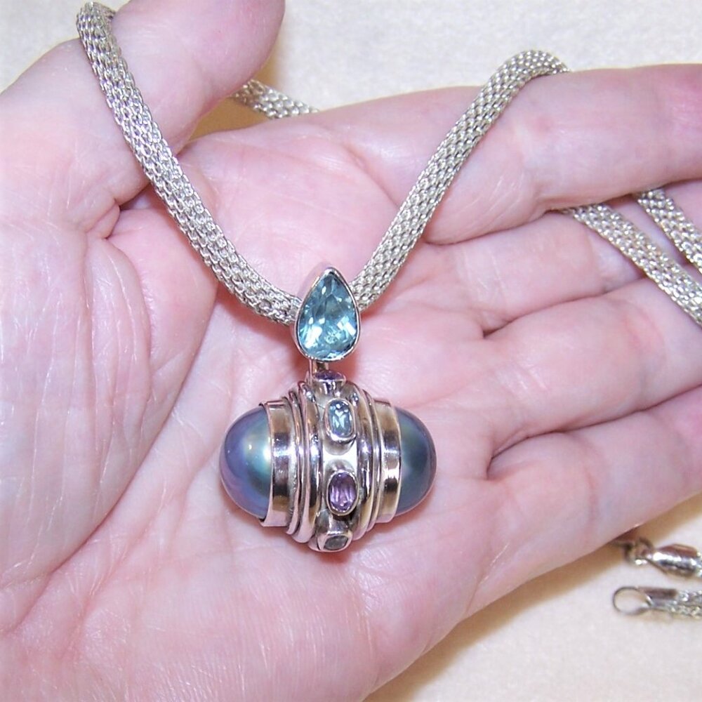 Fine Silver Mabe Pearl Blue Topaz and Amethyst Drop Pendant
